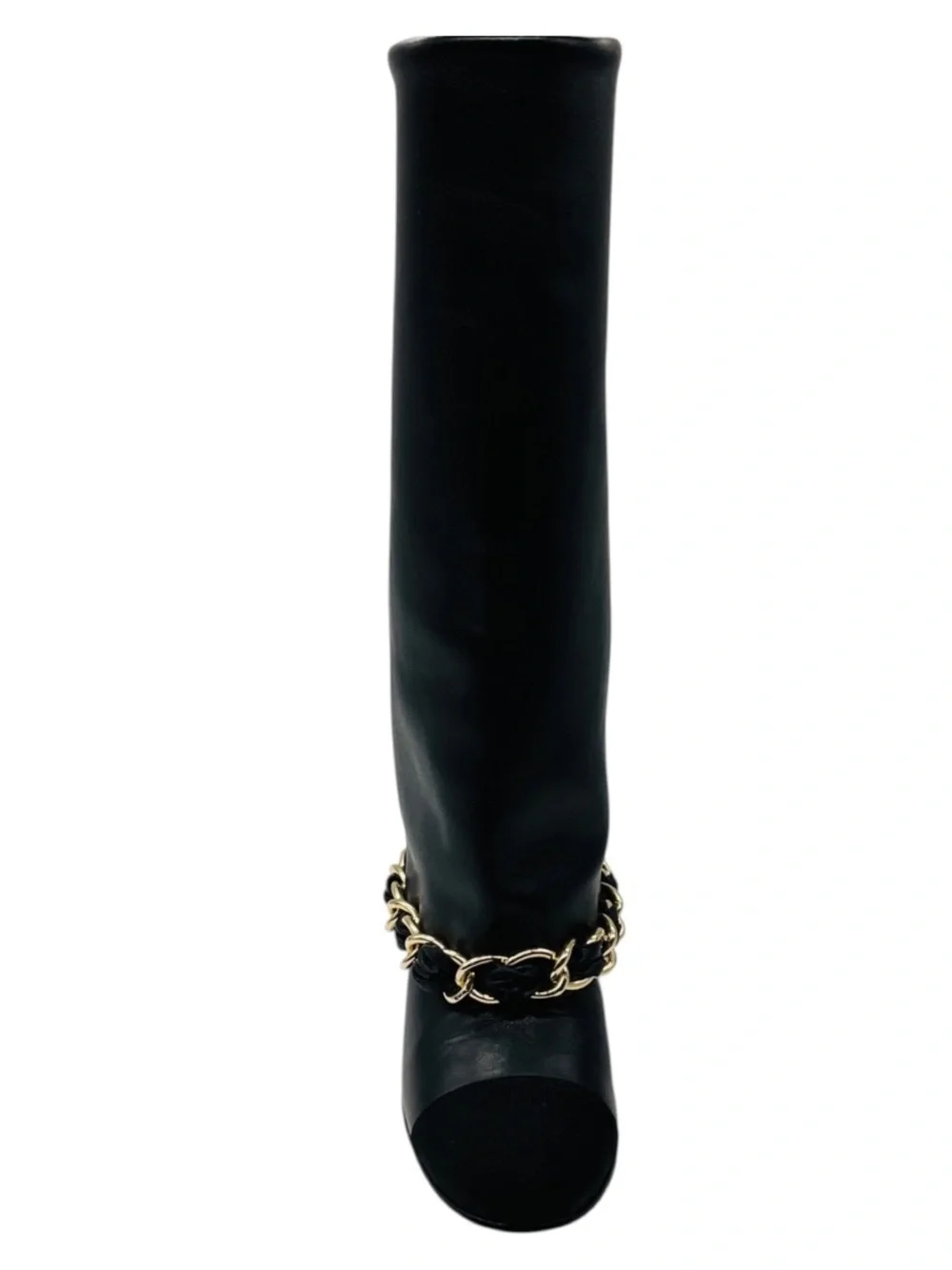 CHANEL BLACK CC LOGO EMBROIDERED TALL LEATHER BOOTS WITH GROSGRAIN CAP TOE AND G